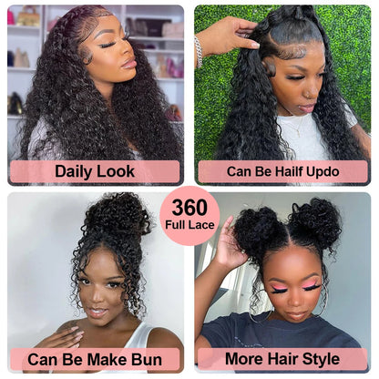 Snwprin 360 HD Full Lace Curly Human Hair Wigs Preplucked 13x6 Lace Frontal Wig Deep Wave Glueless Human Hair Ready To Wear 30In