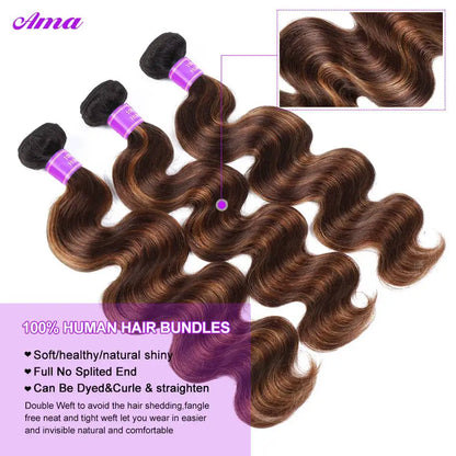 FB 30 Brown Highlight Bundles With Closure Ombred Body Wave Bundles With Closure 1b 4/30 Colored Human Hair Bundles With Closure