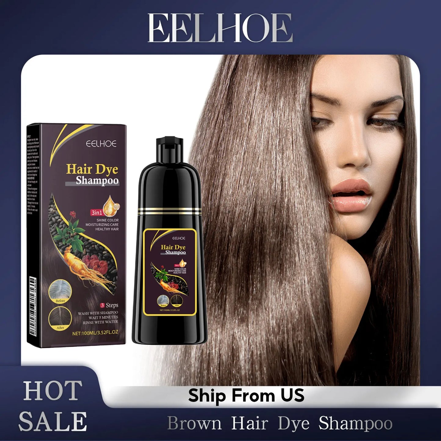 EELHOE Natural Plant Hair Dye Shampoo 3 in 1 Hair Color Shampoo for Gary Hair Dark Brown Black And Women Men Grey Coverage 100ml