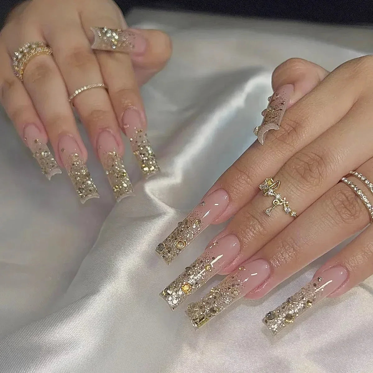 24Pcs Gold Ballet False Nails Long Coffin with Rhinestone French Wearable Fake Nail Transparent Decoration Press on Nail Tips